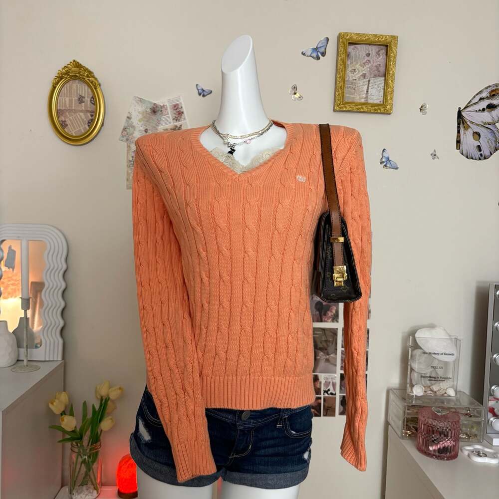 Chaps Est 1978 Orange V-Neck Cable Knit Cotton Sweater Peach Coral Vintage Y2K P
